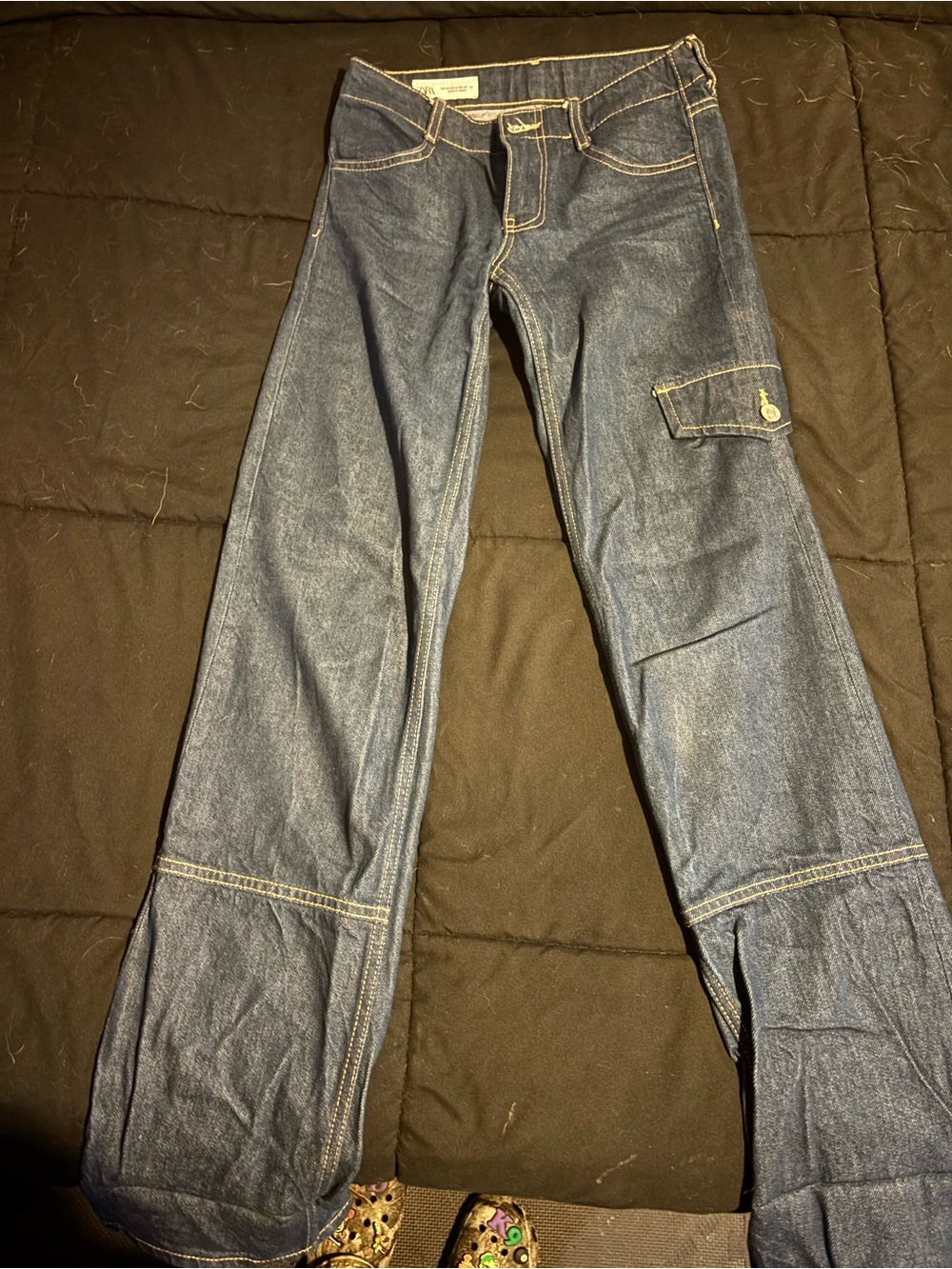 Zara Women's Dark Blue Straight Leg Jeans with Cargo Pocket